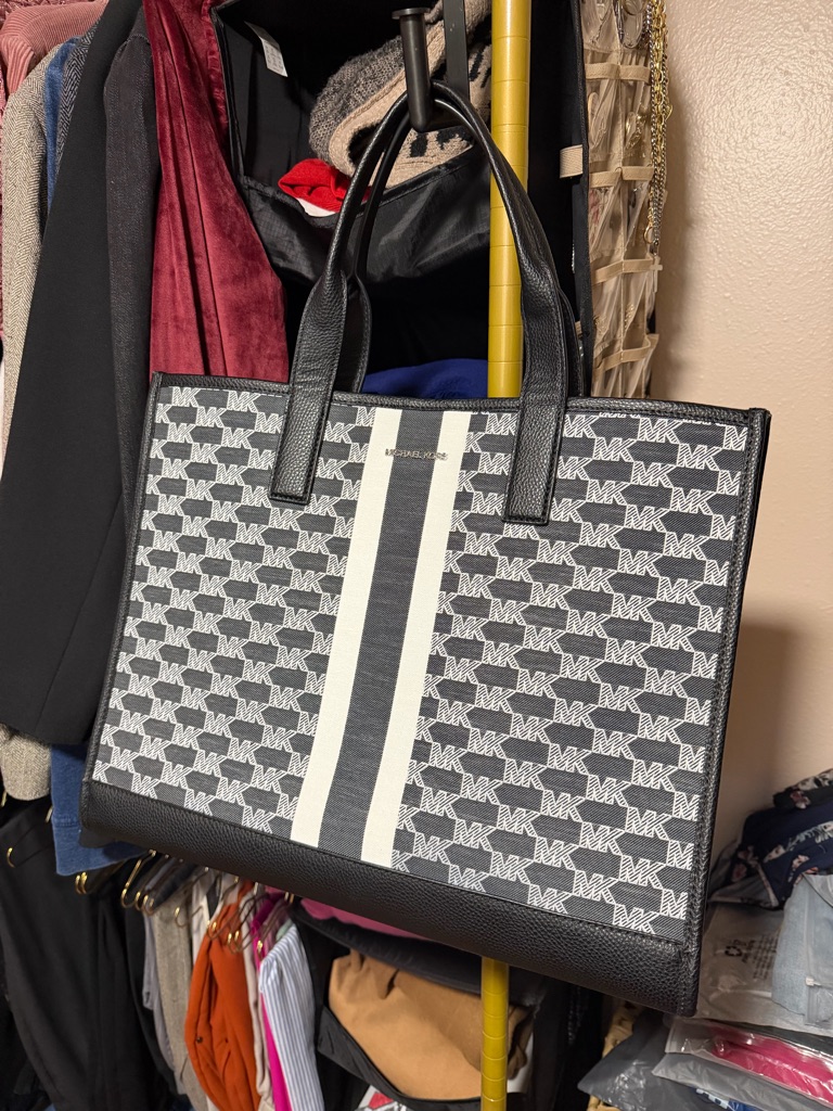 Michael Kors Black And White Mk Monogram Stripe Tote